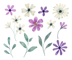 Flowers and leaves digital illustration, spring design, watercolor hand painting. Perfectly for printing, sublimation.