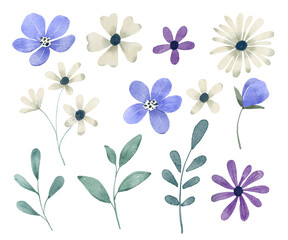 Flowers and leaves digital illustration, spring design, watercolor hand painting. Perfectly for printing, sublimation.