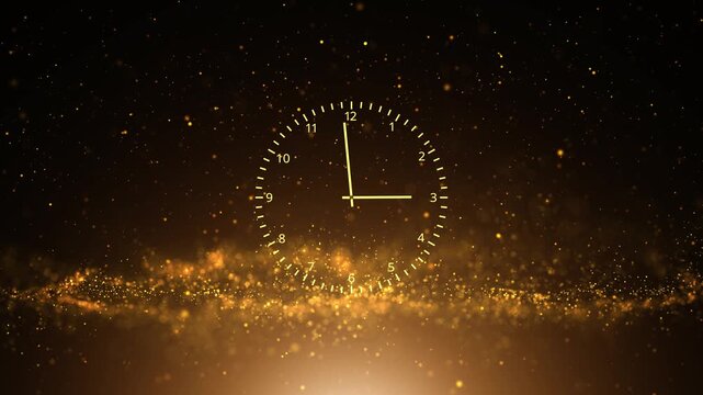 Analog time clock on loop golden flickering particles copy space animation background.