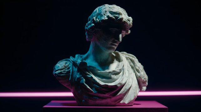 A marble bust sculpture, artfully lit. - Powered by Adobe