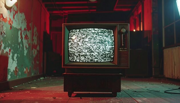 A vintage TV displays static in a dilapidated, dimly lit room with peeling paint