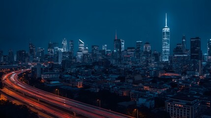 Fototapeta premium Illuminated New York City skyline at night with iconic skyscrapers and vibrant light trails from traffic on the highway, creating a dynamic urban scene under a moody blue sky