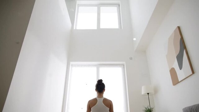 Woman practicing yoga meditation in bright minimalist room peaceful wellness exercise footage