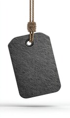 Dark rectangular tag hanging on beige rope