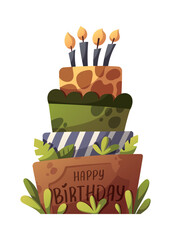 jungle style Birthday cake with candles, vector illustration