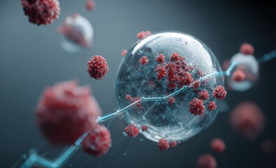 Microscopic viral structures.  Clear sphere with red viral particles