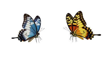 Obraz premium Two hyper-realistic, blue & white and yellow, orange & black butterflies on a pristine transparent background, high-key studio shot, concept of natural beauty and biodiversity