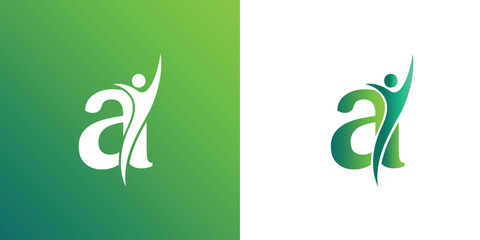 A refreshing logo of the lowercase letter 'a' with a dynamic, abstract human figure celebrating success and growth, ideal for wellness, coaching, and eco-friendly brands.