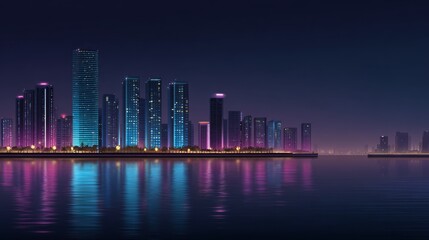 Fototapeta premium Night Cityscape Reflection Glowing Skyscraper Skyline on Water, Architecture, Urban landscape