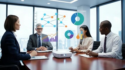 Professional business meeting with diverse team discussing charts and graphs projected onto the screen, showcasing market analysis and strategic - Powered by Adobe