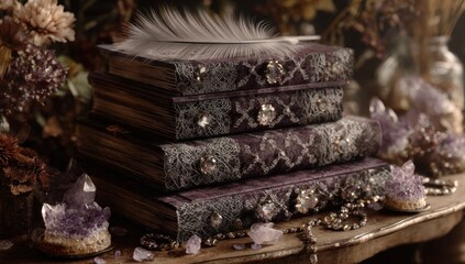 Stacked ornate books on wooden table
