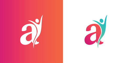 A vibrant logo of the lowercase letter 'a' with a dynamic, abstract human figure celebrating success and energy, ideal for coaching, wellness, and lifestyle brands.