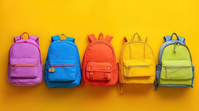 Colorful school backpacks lined up on a yellow background - Powered by Adobe