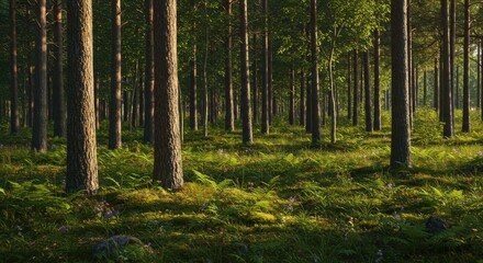 Obraz premium Lush Forest Scene: Sunlight Through Trees Greenery and Flowers.