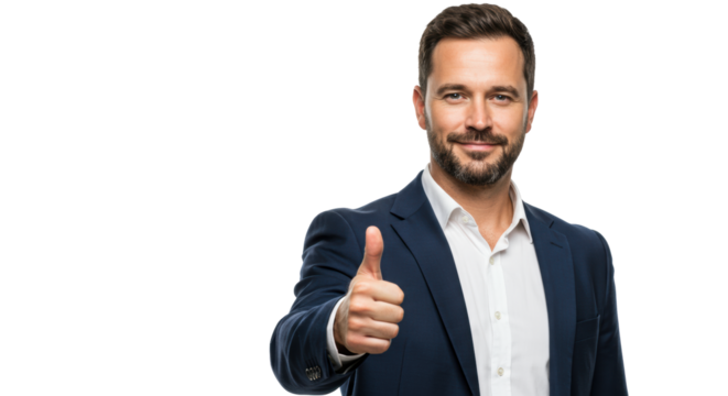 Handsome, confident Caucasian businessman, mid-30s, in sharp navy suit, smiling and giving a thumbs-up on transparent studio background. Professional endorsement concept