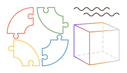 Fototapeta premium Circular puzzle pieces in vibrant colors beside a transparent cube and wavy lines suggest creativity, problem-solving, teamwork, innovation. Ideal for logic, brainstorming, projects, geometry