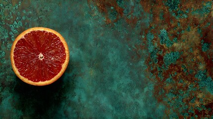 Close-up of a blood orange slice on a mottled teal surface.