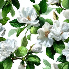 Obraz premium White magnolia blossoms and leaves repeat pattern