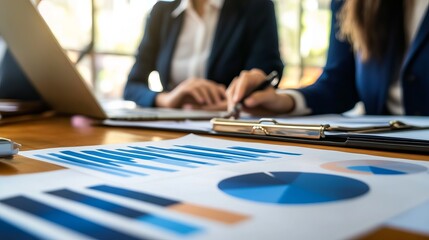 Businesswomen reviewing charts and graphs on a desk