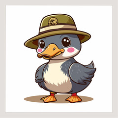 Cartoon illustration of a cute duckling wearing a hat, standing on a white background.