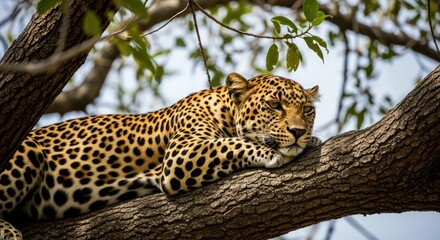 Majestic Leopard Resting on a Tree Branch in the African Savannah