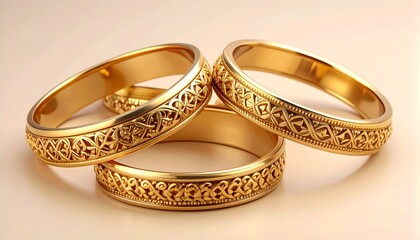 Six gold bangles arranged in a pile, each featuring intricate lattice patterns that highlight fine craftsmanship and a luxurious aesthetic.