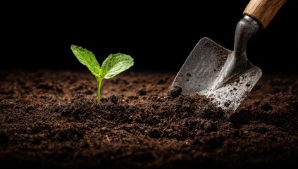 A small plant emerges from dark soil, with a trowel nearby