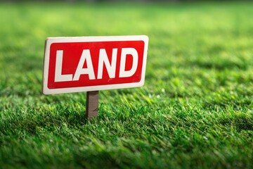 Red sign reading "LAND" in a grassy field