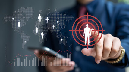 Business professional targeting global market segments with digital analytics and data