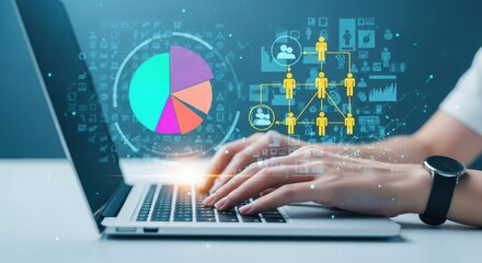 Hands typing on laptop with glowing data visualizations