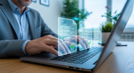Businessman working on a laptop with digital data overlay