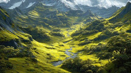 Lush valley nestled between majestic, snow-capped mountains.  Sunlight highlights vibrant yellow-green landscape