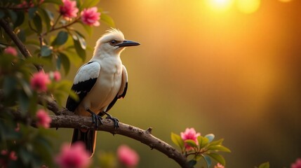 White-crested bird perched on a flowering branch bathed in golden sunlight