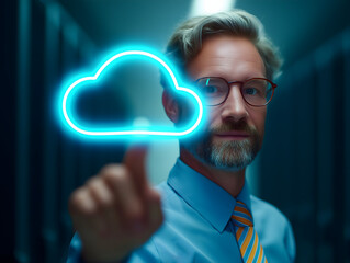 A man in a blue shirt and glasses is illustrating a glowing cloud symbol, representing cloud technology in a data center environment.