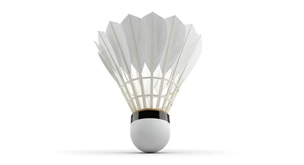 Close up shot of a white badminton shuttlecock on a white background with subtle shadow