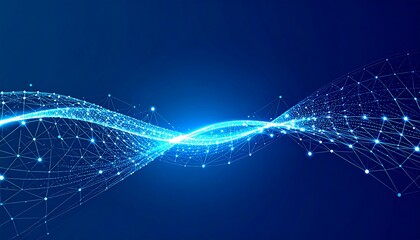 Abstract blue wave of connected nodes and lines on a dark background