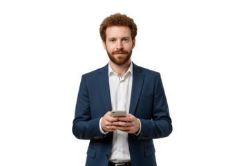 Curly hair man using smart phone , happy businessman using mobile phone man in suit holding a mobile phone device isolate on white, transparent background