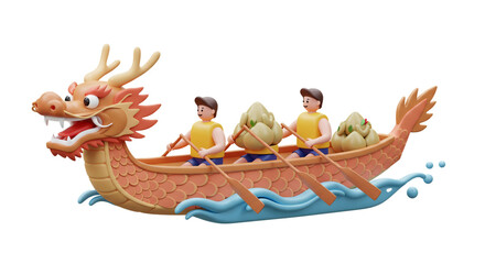 Joyful animated figures navigate a colorful dragon boat, featuring a majestic dragon head and traditional rice dumplings, representing a vibrant cultural event.