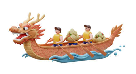 Joyful animated figures navigate a colorful dragon boat, featuring a majestic dragon head and traditional rice dumplings, representing a vibrant cultural event.