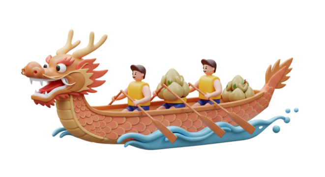 Joyful animated figures navigate a colorful dragon boat, featuring a majestic dragon head and traditional rice dumplings, representing a vibrant cultural event.