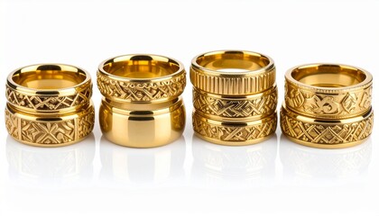Collection of nine polished gold rings arranged in three rows, featuring a mix of smooth bands and intricately engraved designs that highlight both minimalist and ornate craftsmanship.
