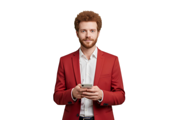 Curly hair man using smart phone , happy businessman using mobile phone man in red suit using a smartphone device isolate on white, transparent background
