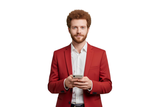 Curly hair man using smart phone , happy businessman using mobile phone man in red suit using a smartphone device isolate on white, transparent background
