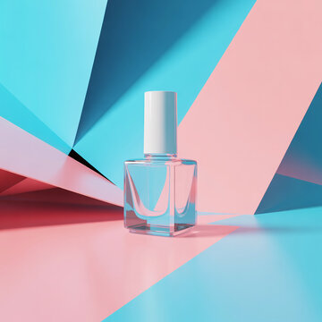 Minimalist Glass Nail Polish Bottle on Colorful Geometric Background &ndash; Product Mockup