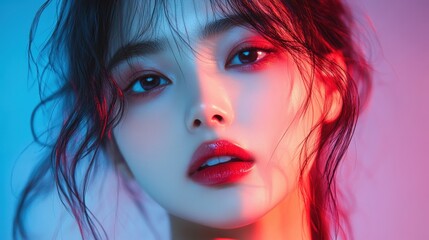 Fototapeta premium Woman doing personal color diagnosis in clothing store background,popular hobby in korea and japan.