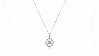 Fototapeta premium Elegant necklace featuring a thin chain and a symmetrical, intricately designed metal pendant—possibly silver or white gold—attached via a small loop, showcasing refined craftsmanship and delicate sty