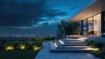 Obraz premium Modern house at night with city view
