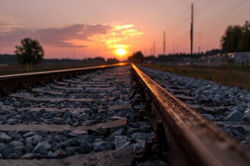 Fototapeta premium Railroad tracks at sunset. Golden hues meet the horizon