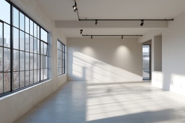 Bright, empty loft space with large windows