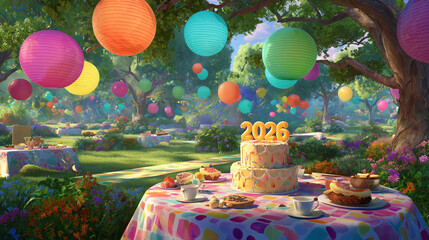 A festive birthday cake adorned with colorful candles and vibrant flowers is the centerpiece of a joyful celebration, surrounded by balloons and sweet party decorations